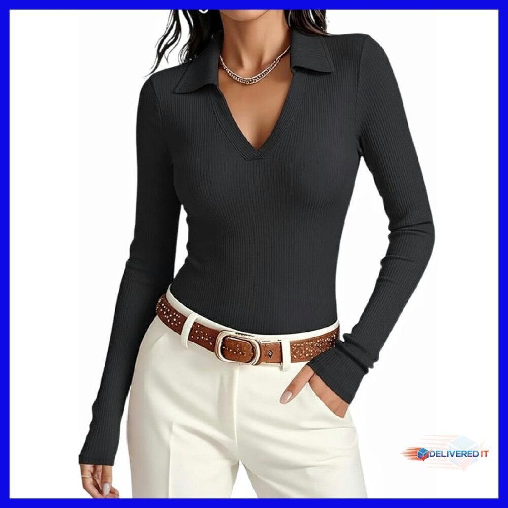 Long Sleeve V-Neck Polo Shirt Slim Fit Ribbed Work Top Business Casual